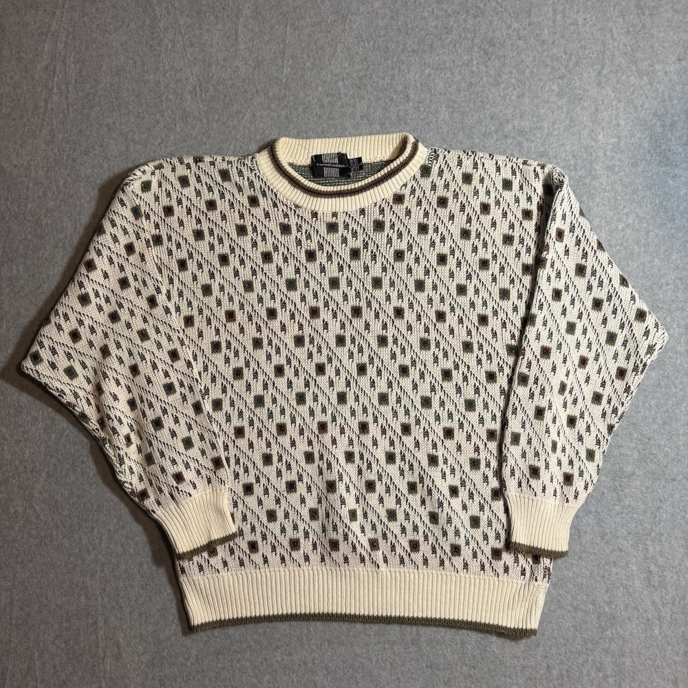Vintage Mens Expressions Sweater Large White 3D Knit Chunky Sweater 90s Grandpa